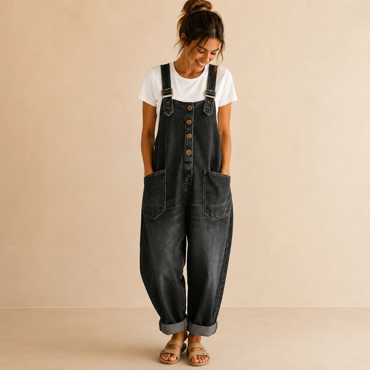Relaxed Barrel-Leg Denim Overalls