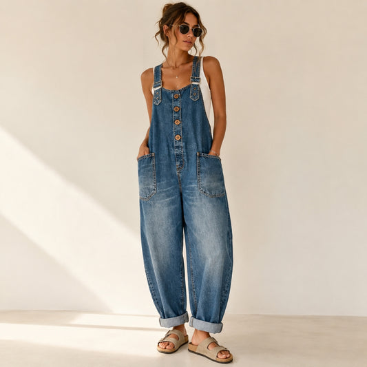 Relaxed Barrel-Leg Denim Overalls