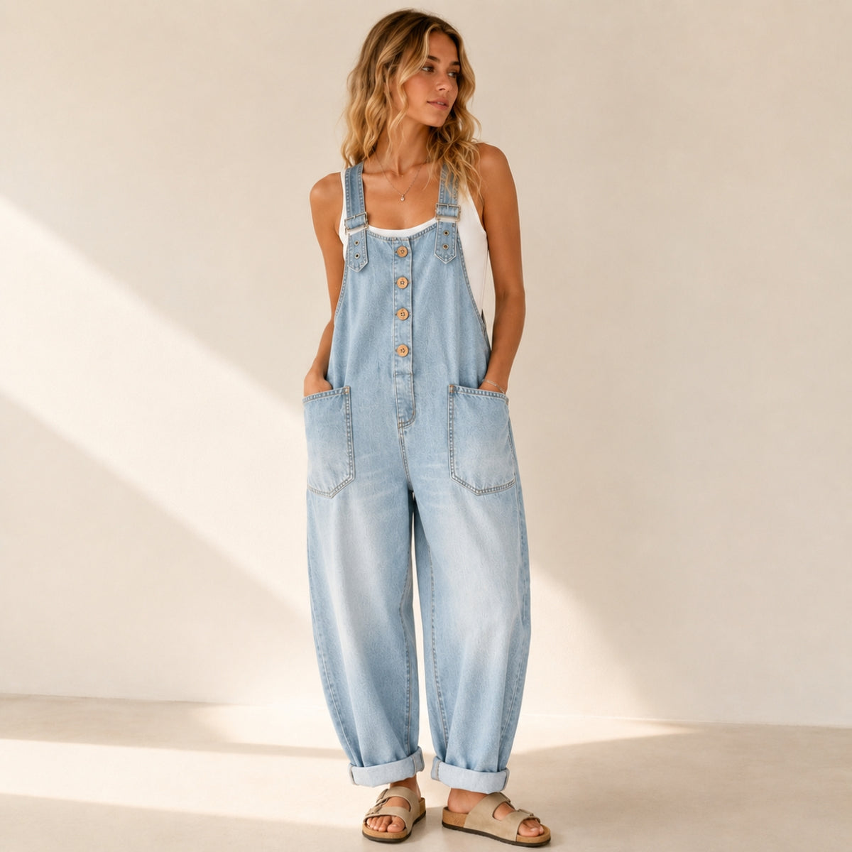 Relaxed Barrel-Leg Denim Overalls