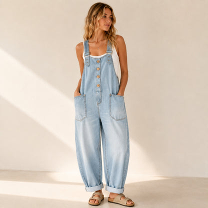 Relaxed Barrel-Leg Denim Overalls